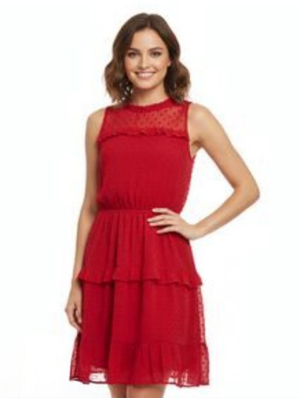 Monteau Red Swiss Dot Classic Feminine Sleeveless Tiered Mesh Dress | Medium